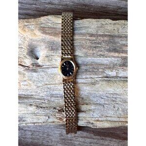 Seiko Gold-Plated Womens Watch With Black Dial Roman Numerals & Gold Mesh Band